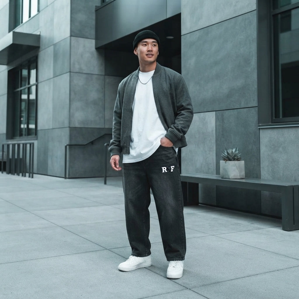 A man wearing vintage-wash barrel leg jeans standing in a modern urban setting with gray concrete and minimalist architectura