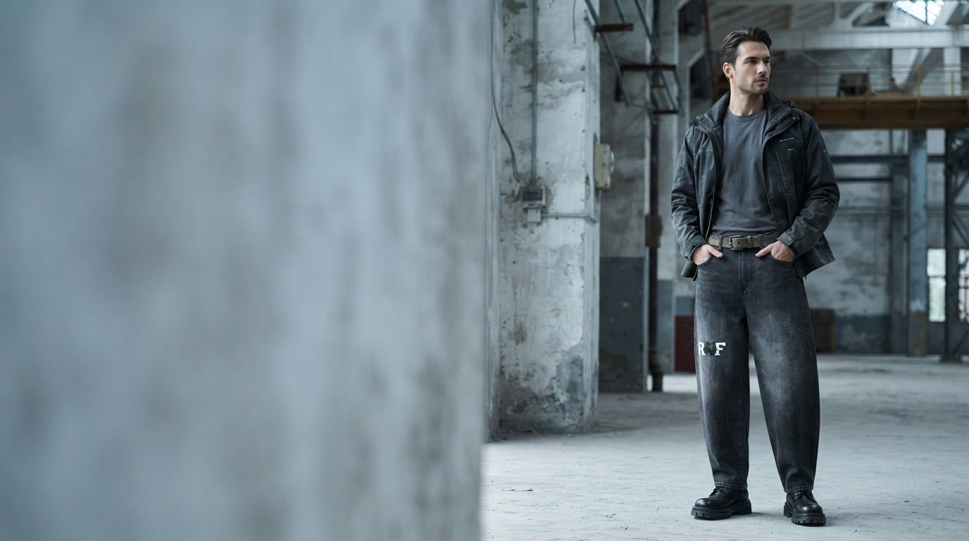 A man wearing vintage wash barrel-leg jeans standing in a modern, industrial urban environment with soft lighting.